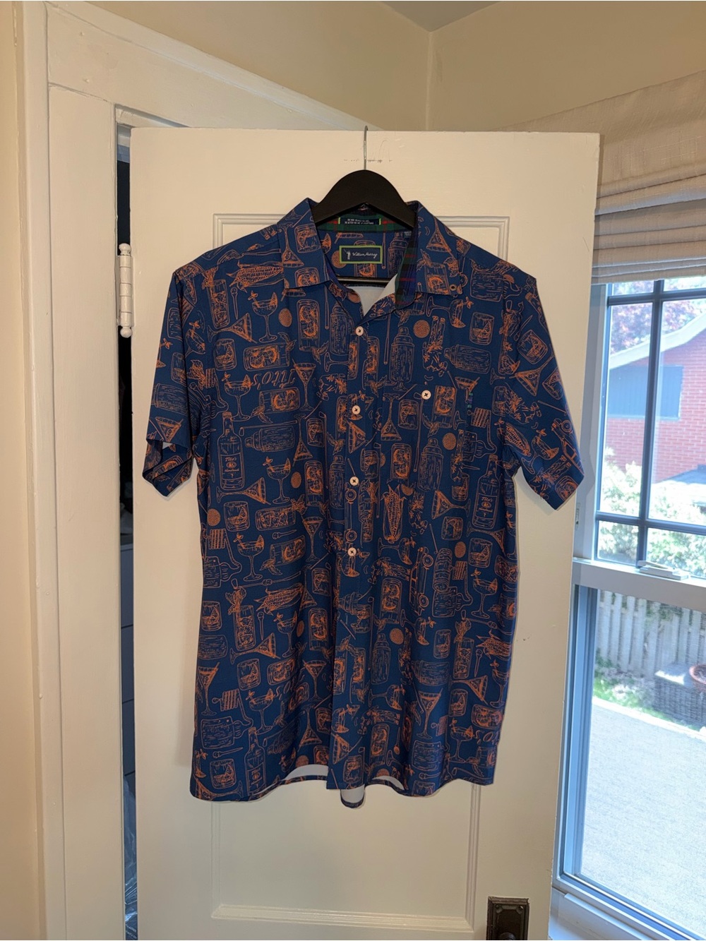 William Murray Golf Navy Blue Short-Sleeve Button-Up with Orange Print